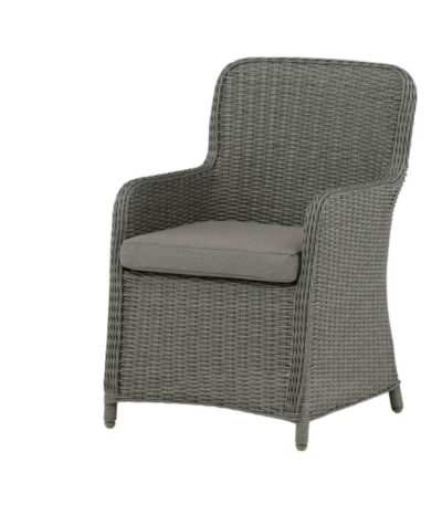 Fauteuil de jardin Wesley en résine tressée grise avec coussin, fauteuil extérieur confortable pour terrasse