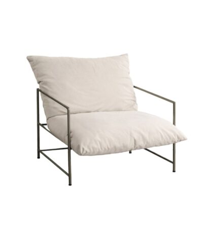 Fauteuil Deven en métal et coussins tissu pour salon ou coin détente intérieur