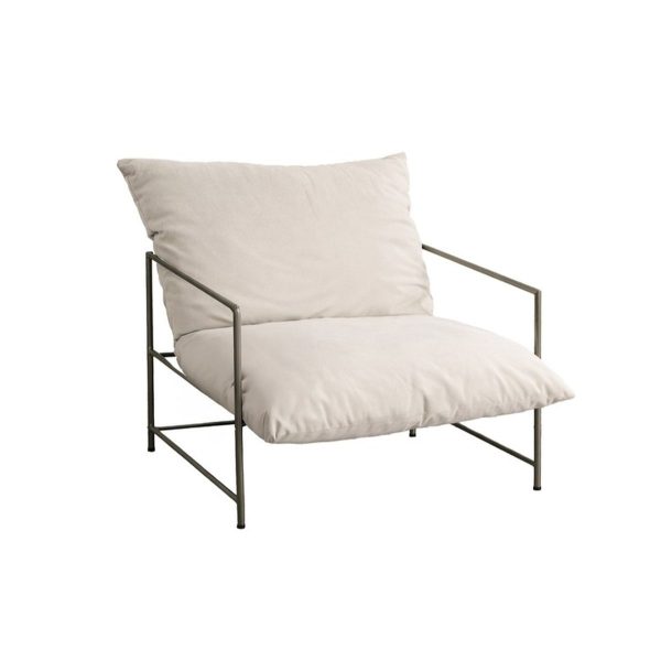 Fauteuil Deven en métal et coussins tissu pour salon ou coin détente intérieur