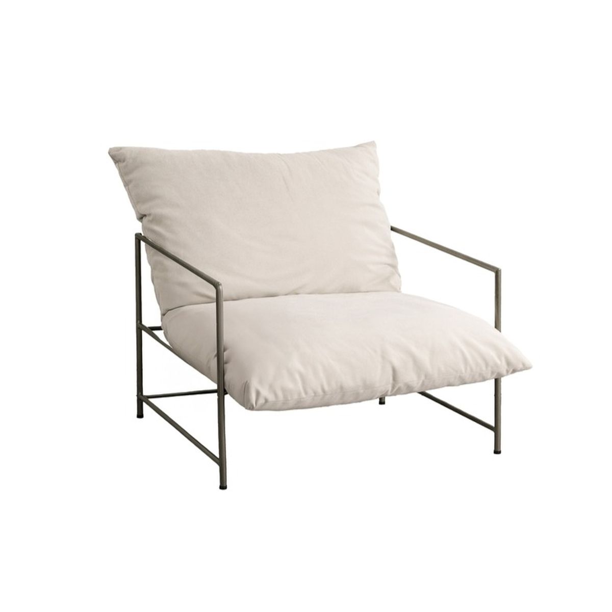 Fauteuil Deven en métal et coussins tissu pour salon ou coin détente intérieur