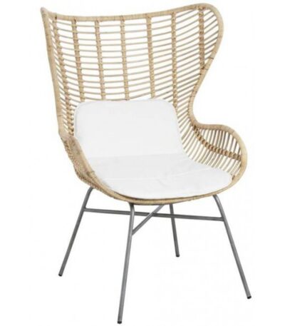 Fauteuil en rotin Elio avec dossier haut enveloppant et piètement métal, fauteuil design avec coussin pour salon ou véranda