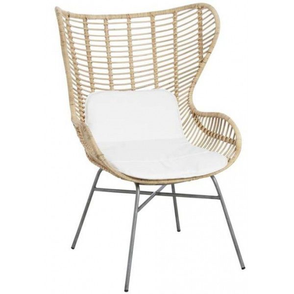 Fauteuil en rotin Elio avec dossier haut enveloppant et piètement métal, fauteuil design avec coussin pour salon ou véranda