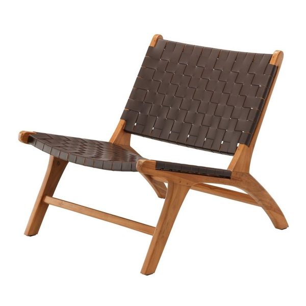 Fauteuil en bois Marlo avec tressage marron en polyuréthane et structure en teck, fauteuil design intérieur