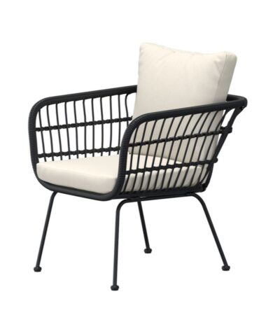 Fauteuil extérieur Isaure en acier noir avec coussin beige, fauteuil de jardin moderne pour terrasse ou balcon