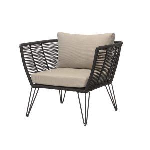 Fauteuil Mundo en corde tressée et métal avec coussins, fauteuil extérieur confortable pour terrasse ou balcon