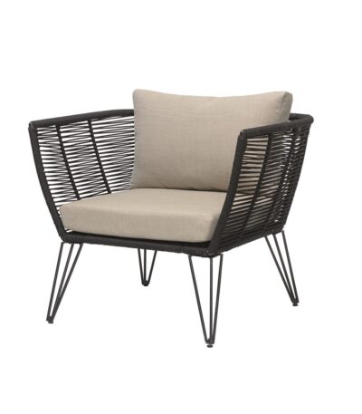 Fauteuil Mundo en corde tressée et métal avec coussins, fauteuil extérieur confortable pour terrasse ou balcon
