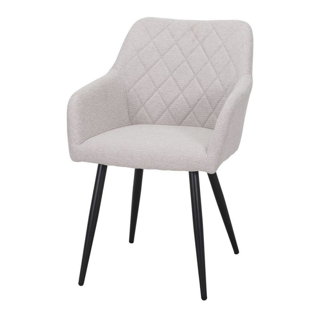 Chaise rembourrée beige Cliford en tissu avec accoudoirs et pieds noirs, pour salle a manger