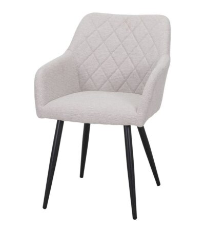 Chaise rembourrée beige Cliford en tissu avec accoudoirs et pieds noirs, pour salle a manger