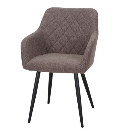 Chaise rembourrée marron Cliford en tissu avec accoudoirs et pieds noirs, pour salle à manger.
