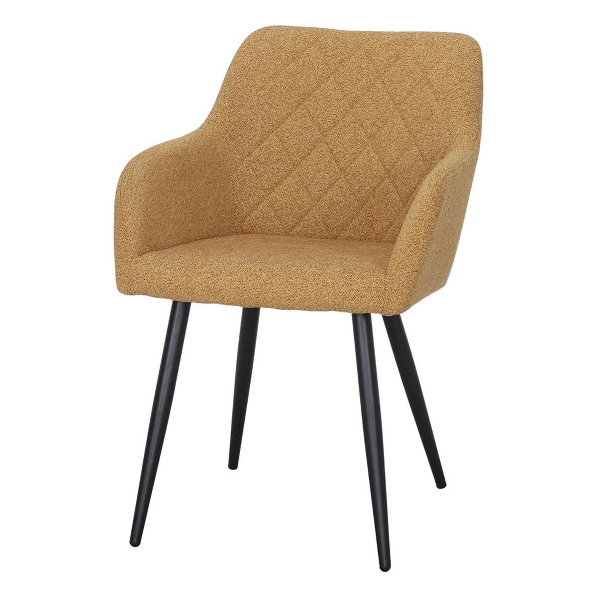 Chaise rembourrée moutarde Cliford en tissu avec accoudoirs et pieds noirs pour salle à manger.