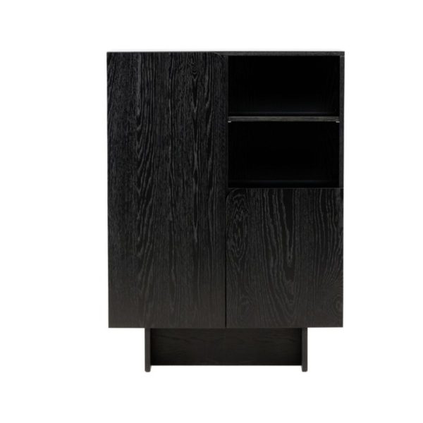 Meuble de rangement Tyra noir avec niche ouverte et portes, meuble d’appoint compact design épuré