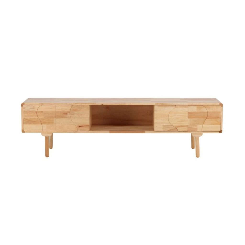 Meuble TV en bois ESKA 200 cm en hévéa naturel avec niche centrale et pieds arrondis pour salon