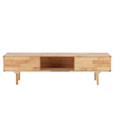 Meuble TV en bois ESKA 200 cm en hévéa naturel avec niche centrale et pieds arrondis pour salon