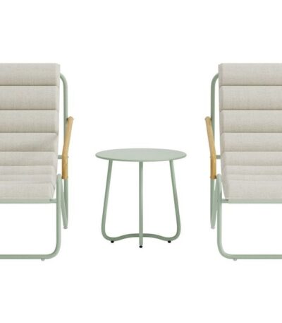 Salon de jardin Lina 2 places avec fauteuils en acier vert et coussins beiges, ensemble extérieur avec table d’appoint