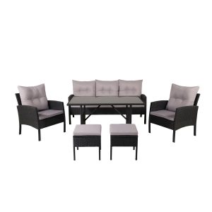 Salon de jardin Kamélia en rotin synthétique noir avec canapé, fauteuils, tabourets et table pour terrasse