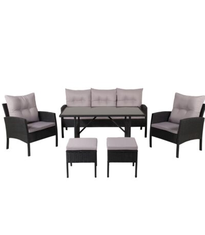 Salon de jardin Kamélia en rotin synthétique noir avec canapé, fauteuils, tabourets et table pour terrasse