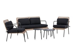 Salon de jardin Capri en métal noir et rotin tressé avec canapé, fauteuils et tables rondes pour terrasse et jardin