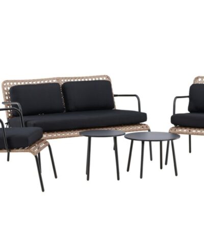 Salon de jardin Capri en métal noir et rotin tressé avec canapé, fauteuils et tables rondes pour terrasse et jardin