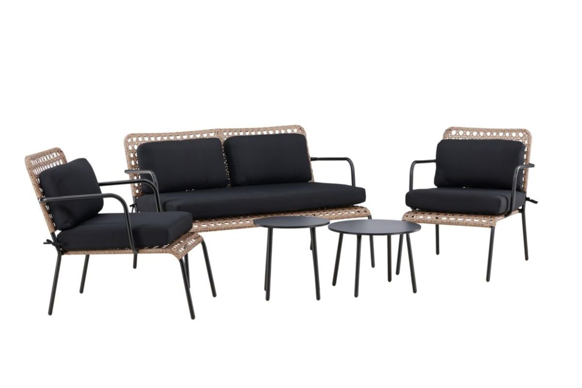 Salon de jardin Capri en métal noir et rotin tressé avec canapé, fauteuils et tables rondes pour terrasse et jardin