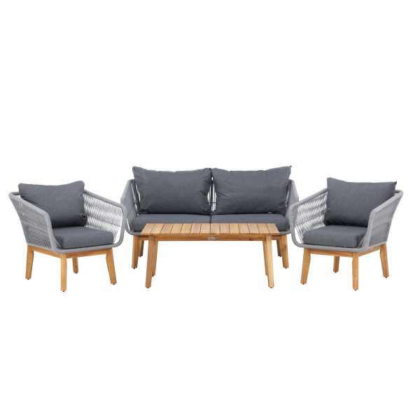 Salon de jardin Cherbourg gris en acacia et corde avec coussins pour jardin et terrasse