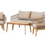Salon de jardin Cherbourg en acacia et corde avec coussins beige.