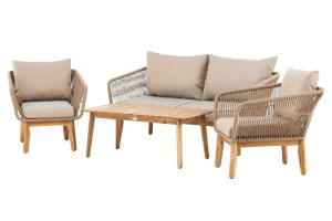 Salon de jardin Cherbourg en acacia et corde avec coussins beige.
