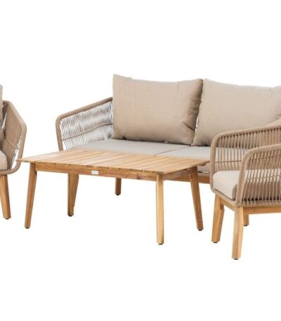 Salon de jardin Cherbourg en acacia et corde avec coussins beige.