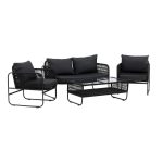 Salon de jardin Dagmar en métal noir et corde avec canapé, fauteuils et table basse en verre pour terrasse