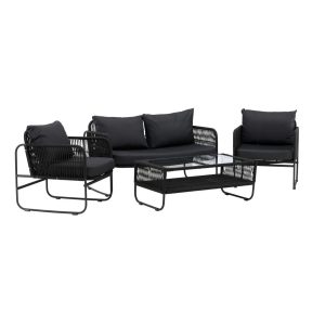 Salon de jardin Dagmar en métal noir et corde avec canapé, fauteuils et table basse en verre pour terrasse