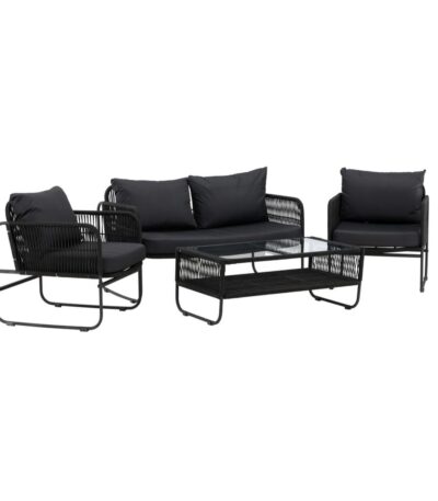 Salon de jardin Dagmar en métal noir et corde avec canapé, fauteuils et table basse en verre pour terrasse