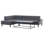 Salon de jardin Mei avec canapé d’angle gris et table basse pour terrasse extérieure abritée
