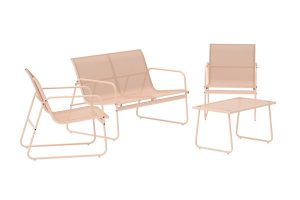Salon de jardin Scarlet beige avec fauteuils, canapé et table en verre