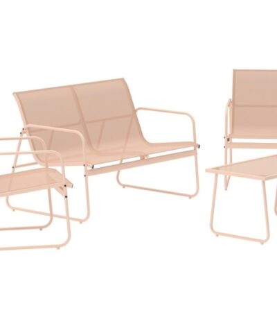 Salon de jardin Scarlet beige avec fauteuils, canapé et table en verre