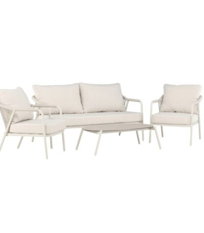 Salon de jardin Sicile en aluminium beige avec canapé, fauteuils et table basse en verre pour terrasse ou jardin