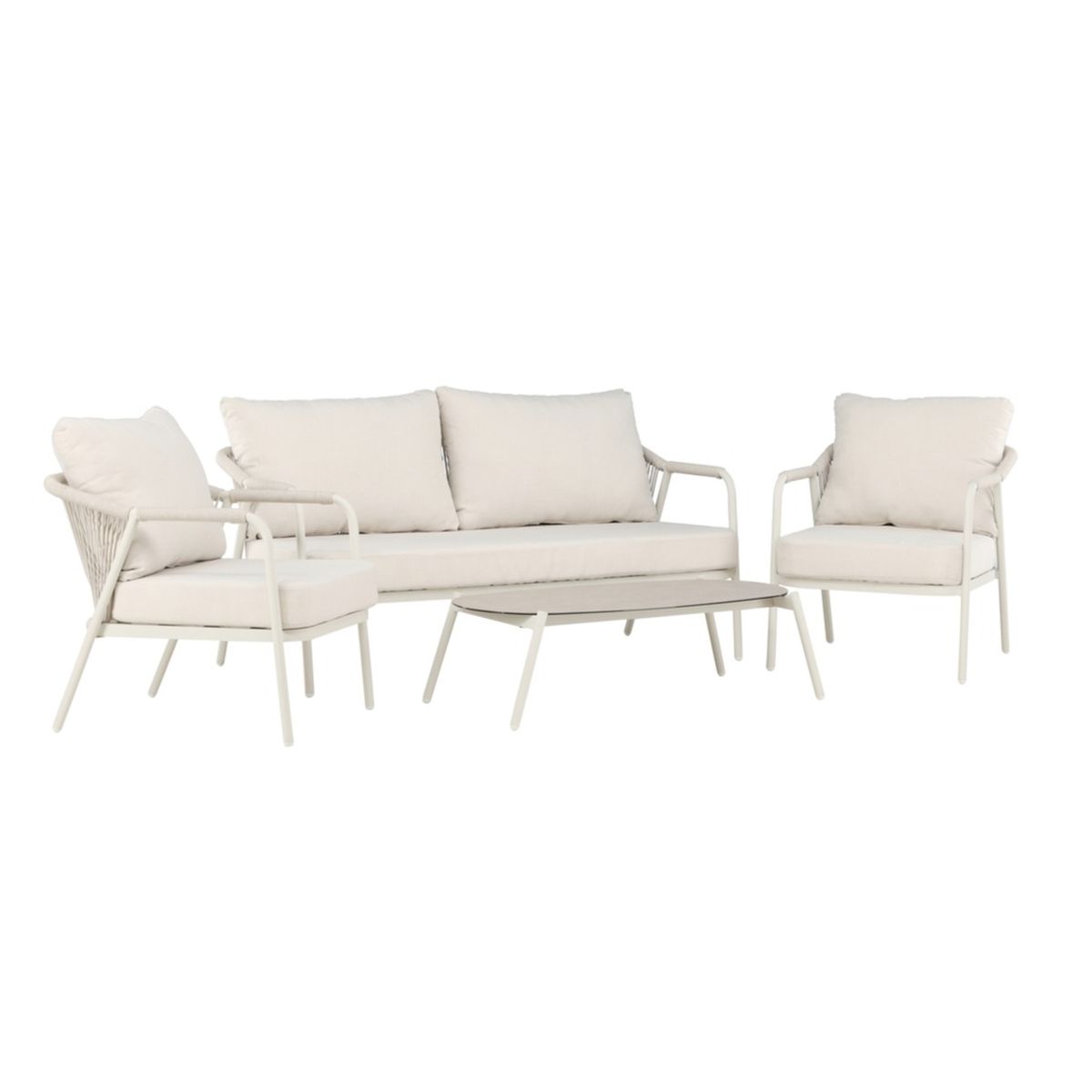 Salon de jardin Sicile en aluminium beige avec canapé, fauteuils et table basse en verre pour terrasse ou jardin