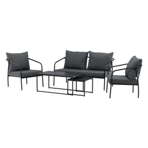 Salon de jardin Soren en acier noir avec canapé, fauteuils et table basse pour terrasse moderne