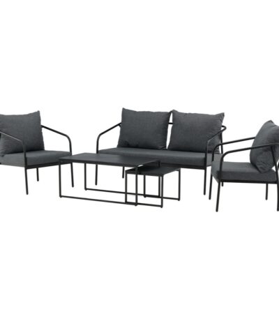 Salon de jardin Soren en acier noir avec canapé, fauteuils et table basse pour terrasse moderne