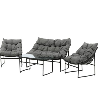 Salon de jardin Tilia Noir avec canapé, deux fauteuils et table basse en rotin synthétique