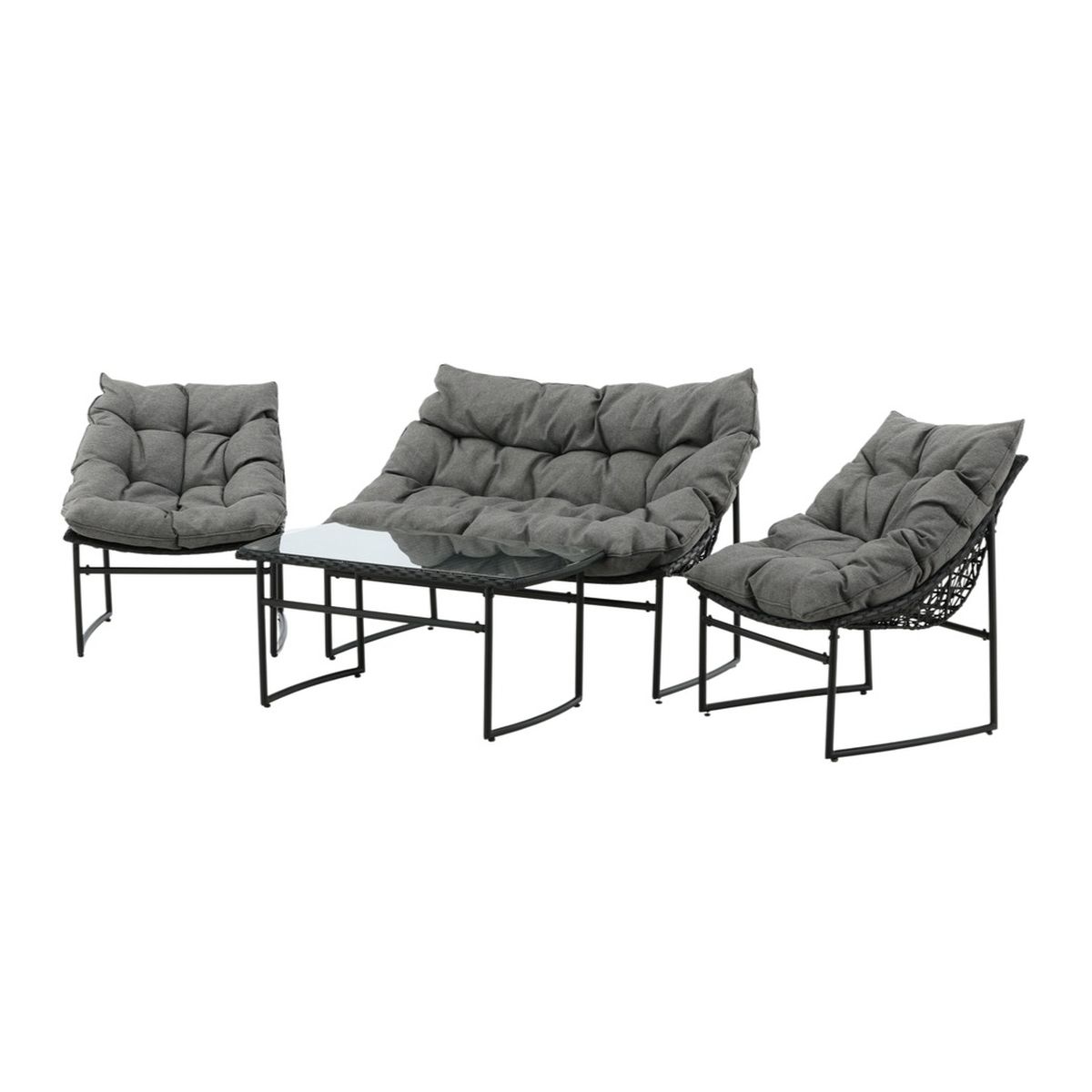 Salon de jardin Tilia Noir avec canapé, deux fauteuils et table basse en rotin synthétique