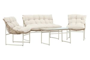 Salon de jardin Tilia beige avec canapé, deux fauteuils et table basse en rotin synthétique