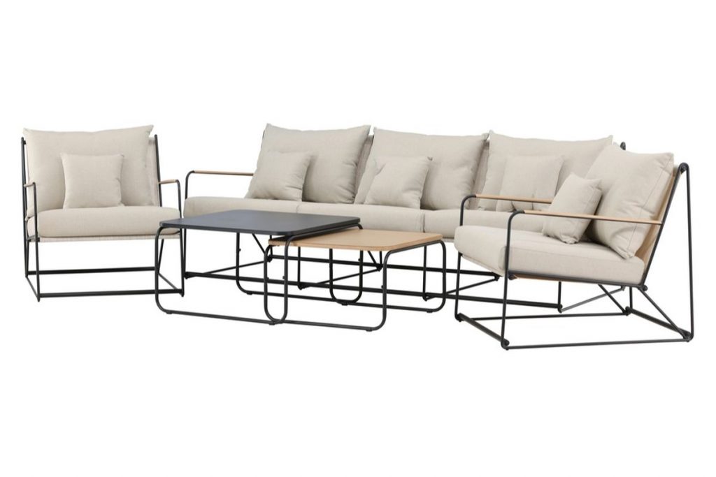 Salon de jardin TORNADO 5 places avec canapé, fauteuils et tables en acier noir et coussins beige
