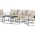 Salon de jardin TORNADO 5 places avec canapé, fauteuils et tables en acier noir et coussins beige