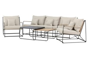 Salon de jardin TORNADO 5 places avec canapé, fauteuils et tables en acier noir et coussins beige