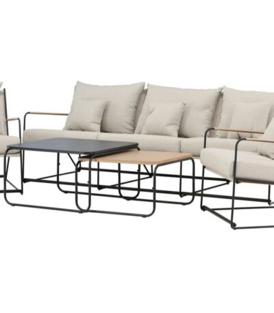 Salon de jardin TORNADO 5 places avec canapé, fauteuils et tables en acier noir et coussins beige