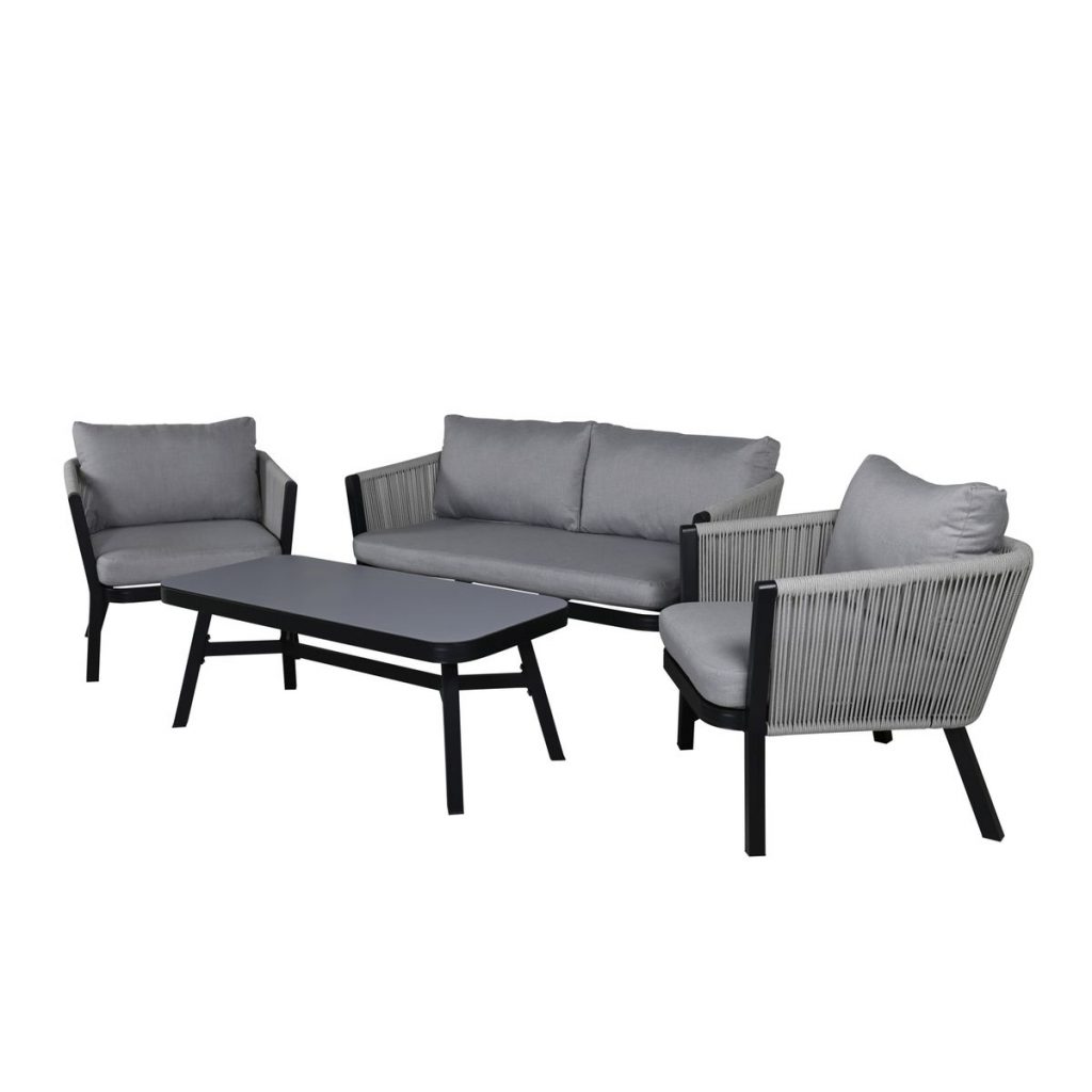 Salon de jardin 5 places en aluminium et corde gris clair – modèle Vita