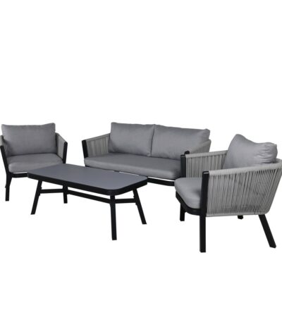 Salon de jardin 5 places en aluminium et corde gris clair – modèle Vita