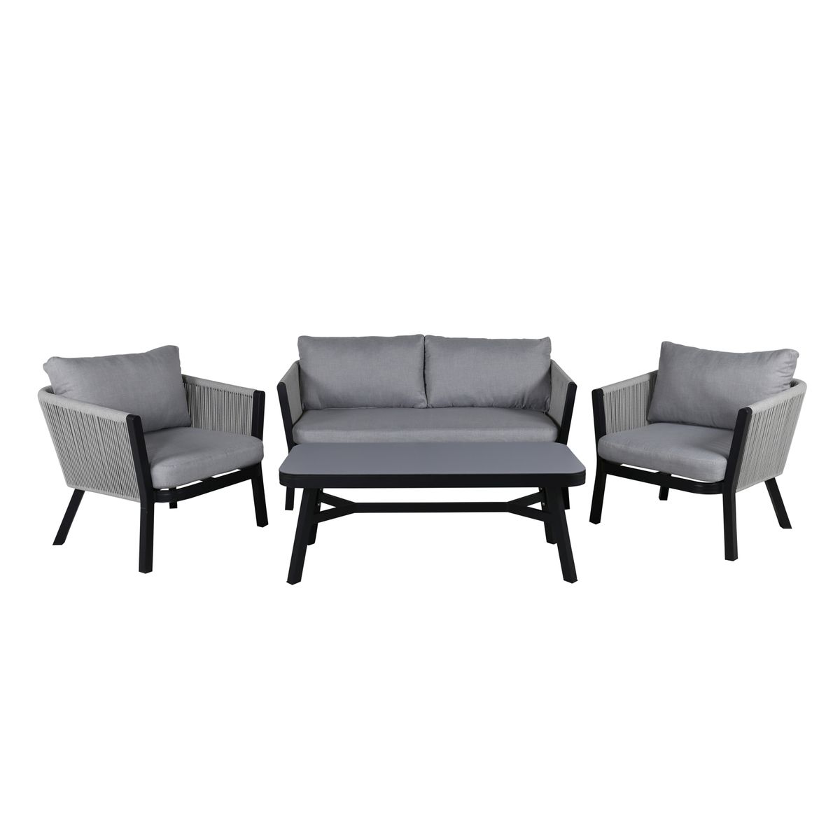 Salon de jardin VITA en aluminium noir avec corde grise et coussins, ensemble extérieur moderne avec canapé, fauteuils et table basse