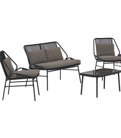 Salon de jardin Zoé noir avec canapé, fauteuils et table en acier pour jardin et terrasse.