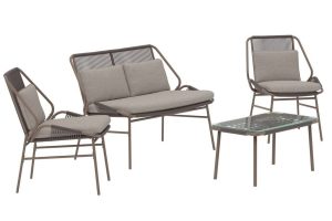 Salon de jardin Zoé avec canapé, fauteuils et table en acier marron avec coussins beiges