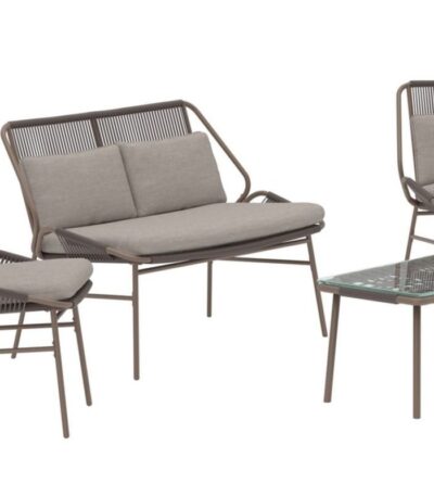 Salon de jardin Zoé avec canapé, fauteuils et table en acier marron avec coussins beiges